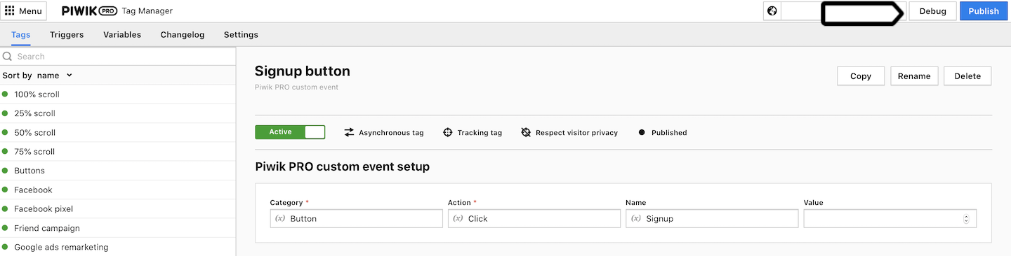 Debug mode in Tag Manager in Piwik PRO