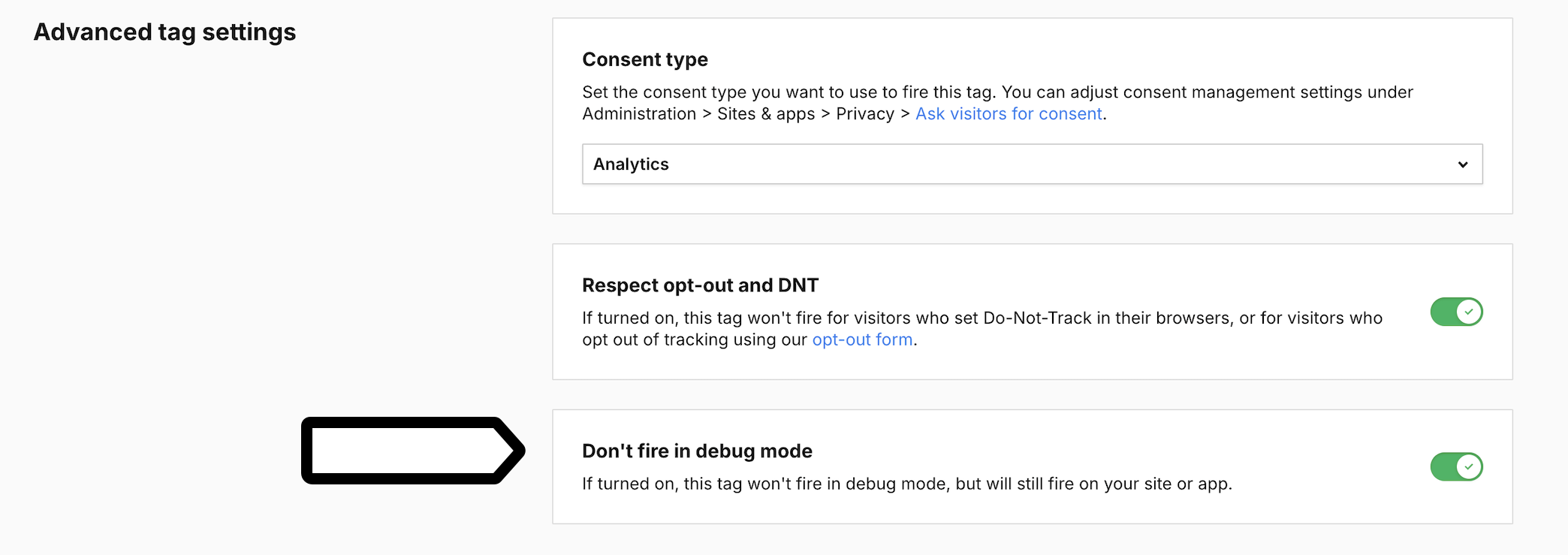 don't fire in debug mode setting in Piwik PRO Tag Manager