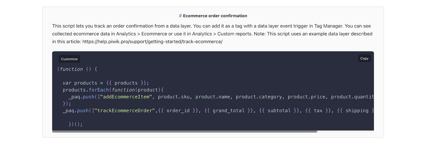 Example setup for ecommerce tracking with a data layer in Piwik PRO