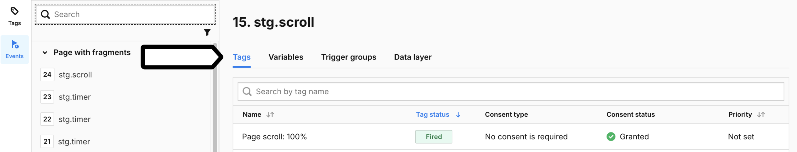 event tags_variables_trigger groups_data layer in Debug mode in Piwik PRO