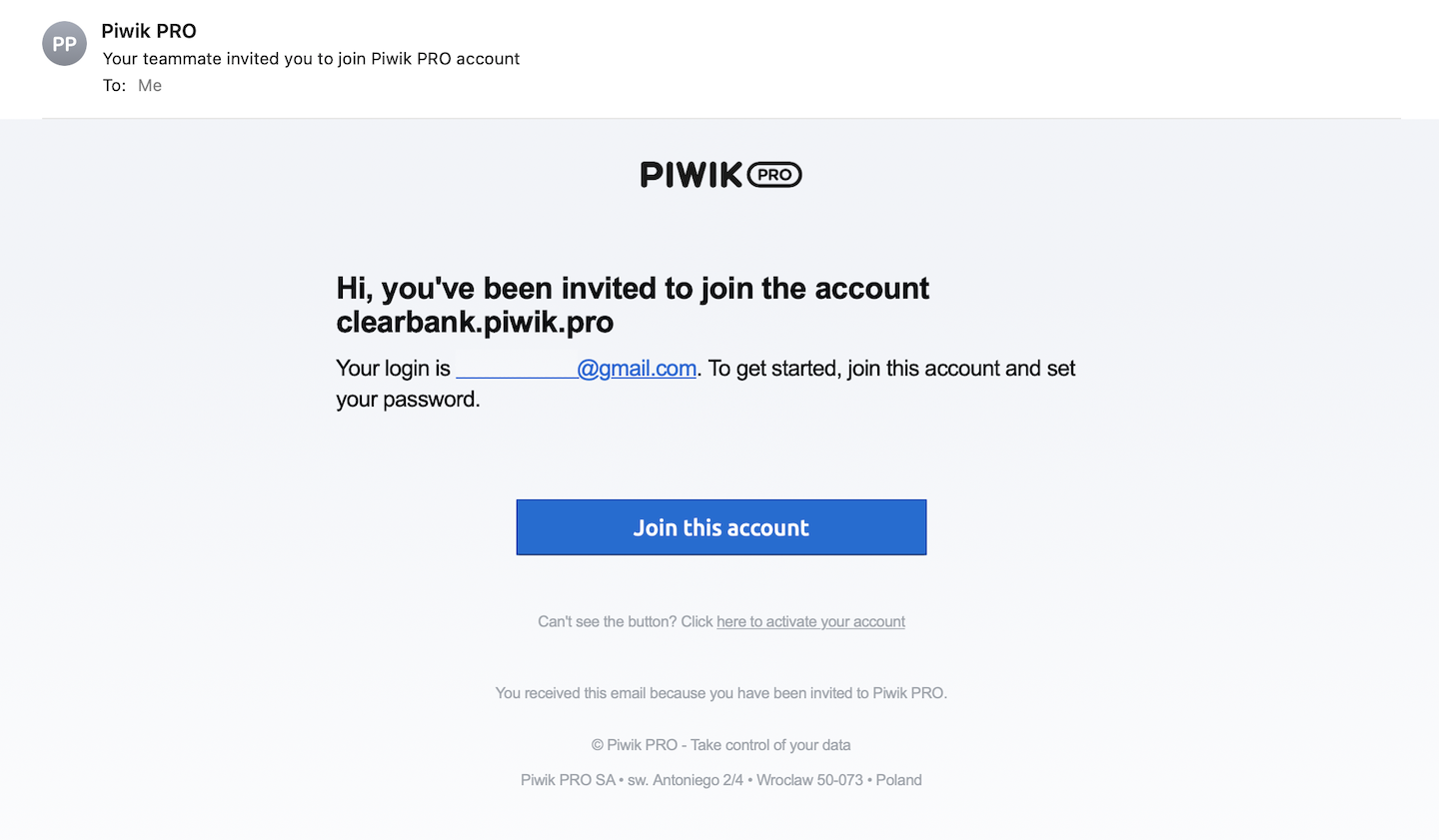 Invitation email from Piwik PRO