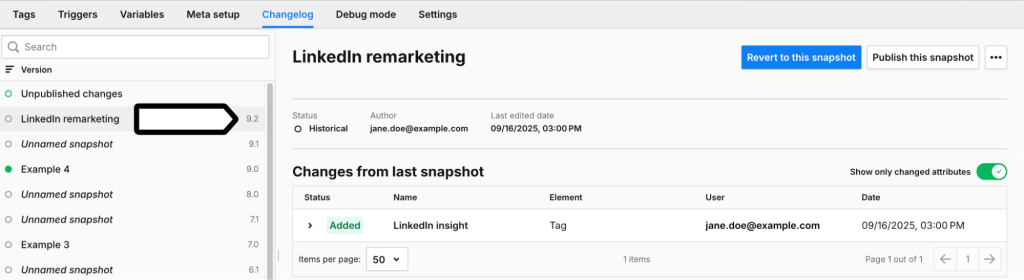 minor version number of the snapshot in Piwik PRO Tag Manager