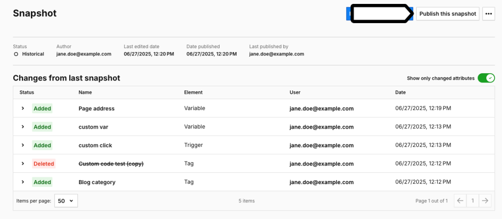 publish this snapshot in Piwik PRO Tag Manager changelog