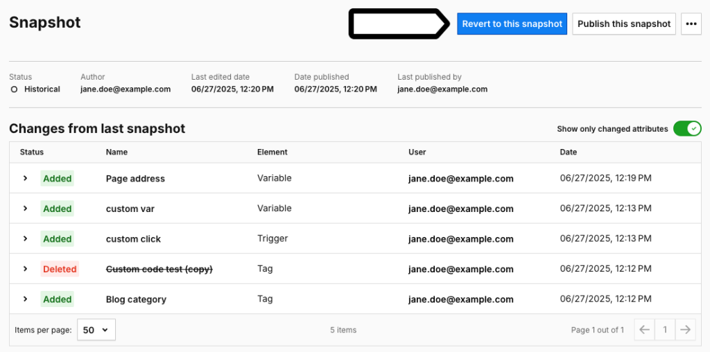 revert to the snapshot in Piwik PRO Tag Manager changelog