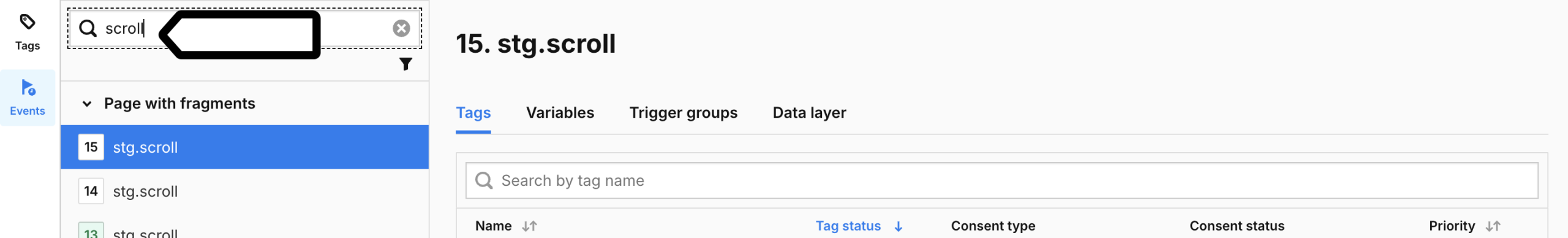 search in debug mode in Piwik PRO Tag Manager
