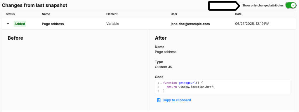 show only changed attributes in Piwik PRO Tag Manager's changelog