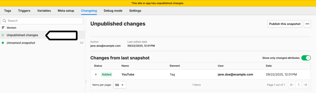 snapshot of the unpublished changes in Piwik PRO Tag Manager
