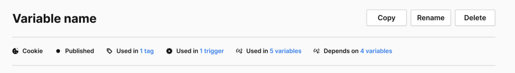 Variable header showing status (Cookie, Published), usage counts (used in 1 tag, 1 trigger, 5 variables, depends on 4 variables) and Copy, Rename, Delete buttons.