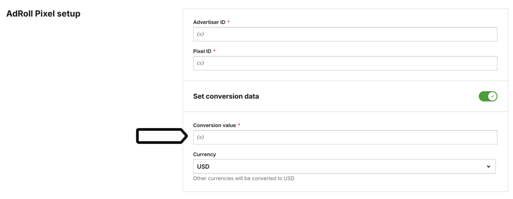 AdRoll Pixel tag setup conversion value in Piwik PRO