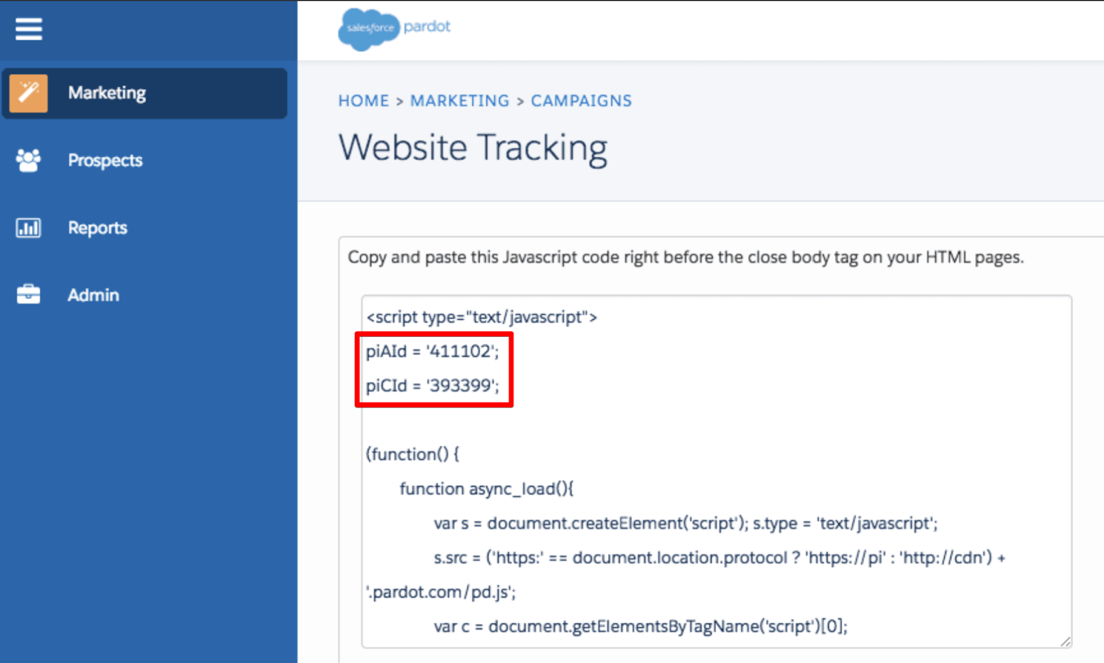 Salesforce and Pardot Tracking Code tag