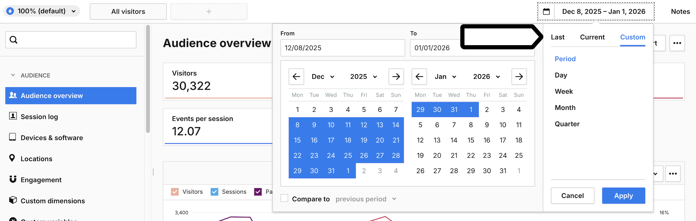 Date picker in reports in Piwik PRO Analytics