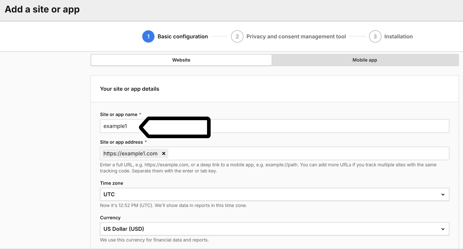 Entering a site or app name in Piwik PRO site setup