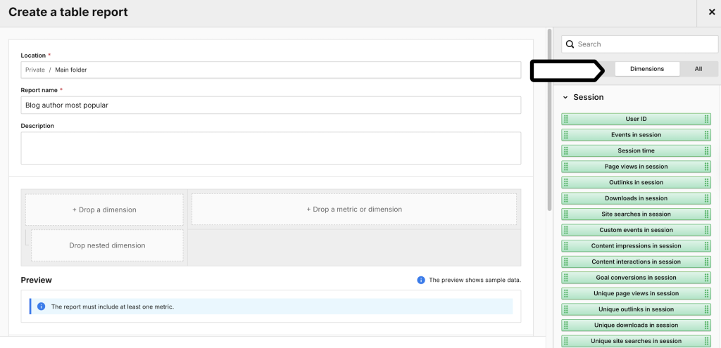 Dimensions in Piwik PRO custom reports 
