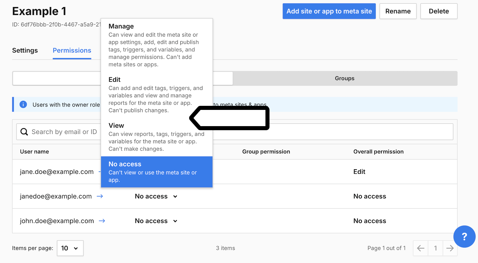 selecting user permission at the meta site