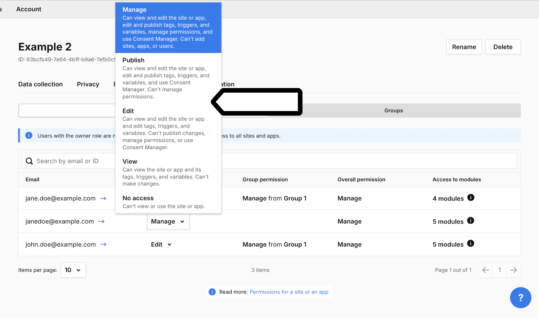 Selecting site or app permissions at the site level
