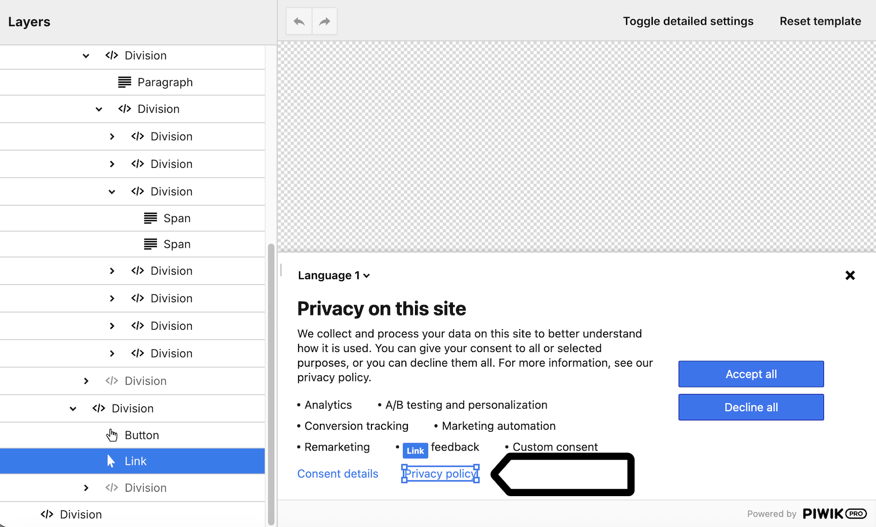 Link in a consent form in Piwik PRO Consent Manager