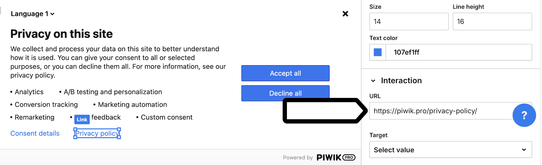 URL in a consent form in Piwik PRO