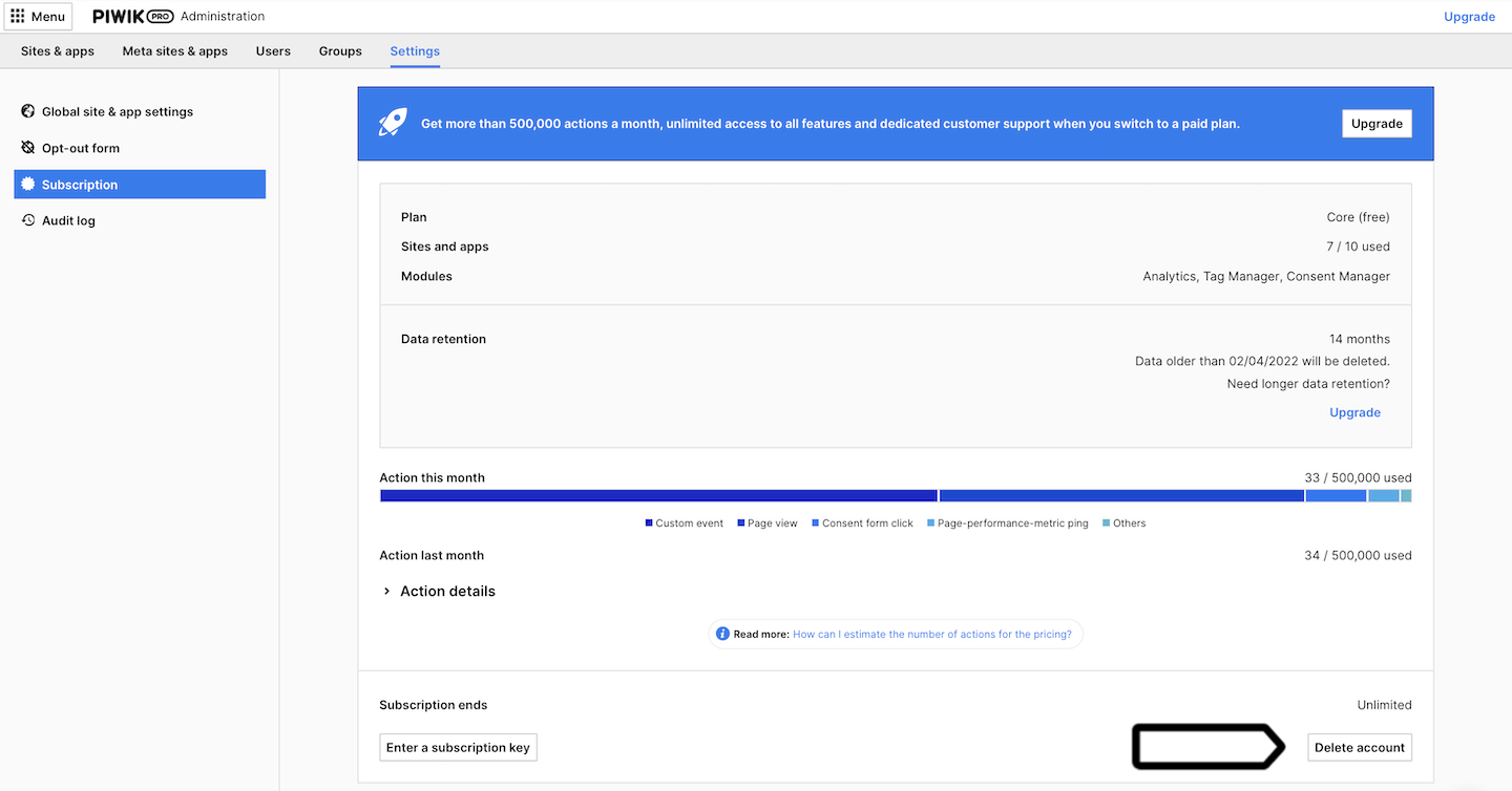 Delete account in Piwik PRO