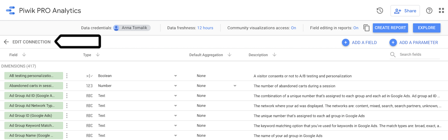 Google Data Studio integration (edit connection)