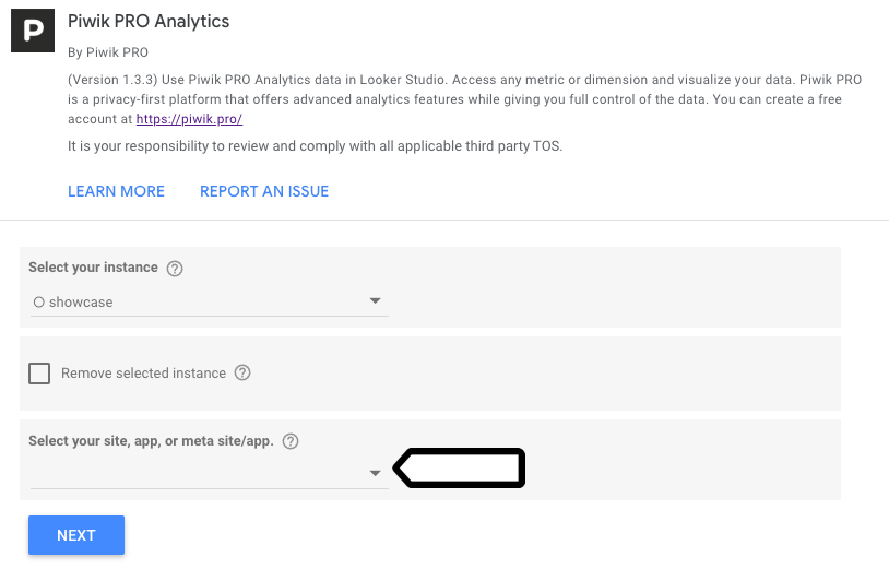 select app or site for your Piwik PRO instance in Looker Studio