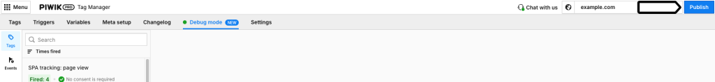 publish tags in Piwik PRO debug mode