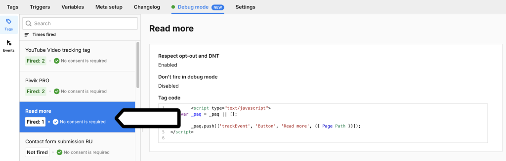 read more tag in Piwik PRO debug mode