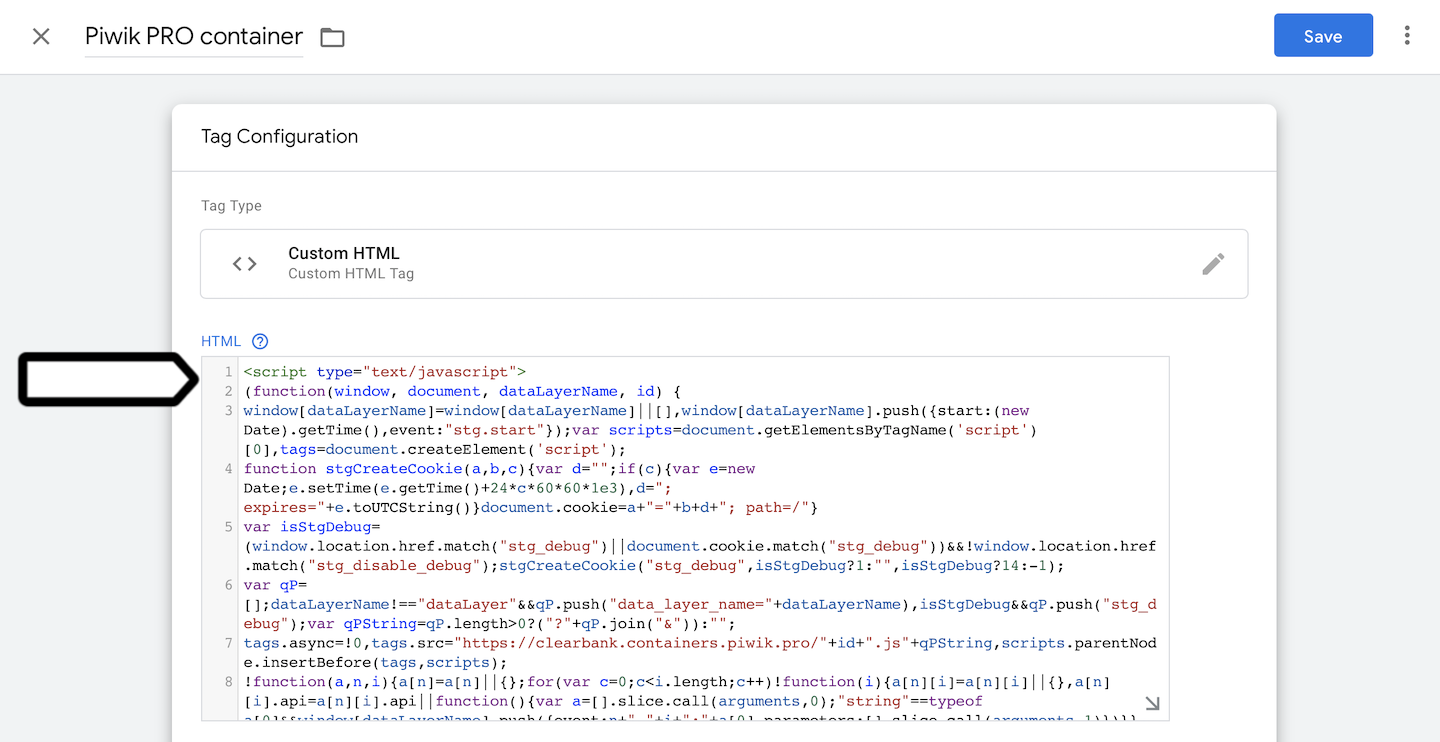 Piwik PRO's container code in Google Tag Manager