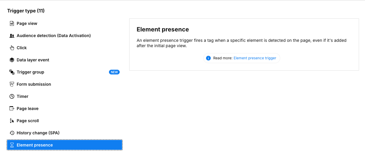 element presence trigger in Piwik PRO