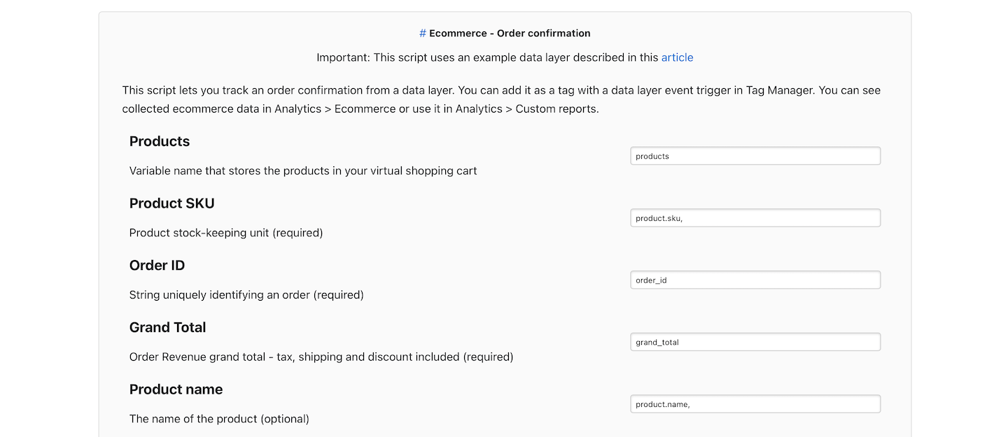 Example setup for ecommerce tracking with a data layer in Piwik PRO