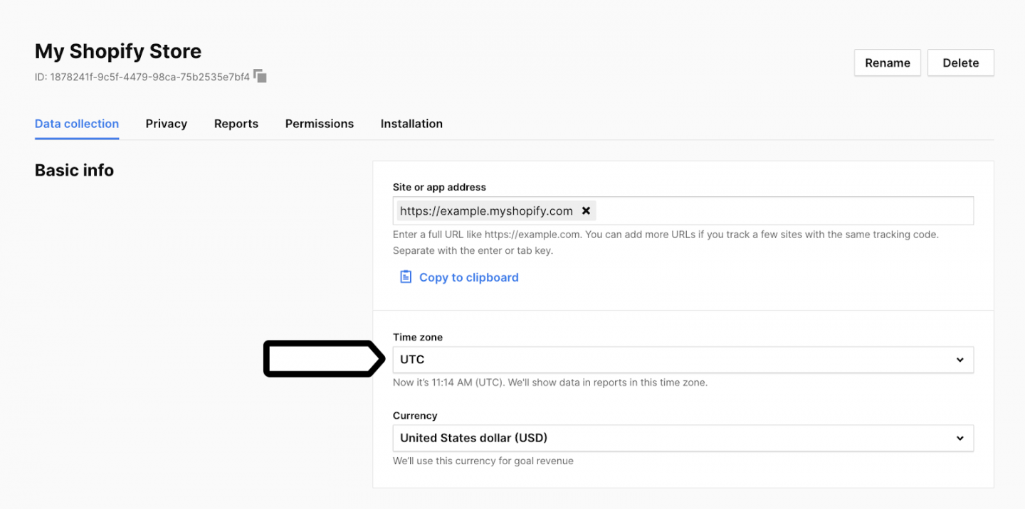 Editing Shopify time zone and currency in Piwik PRO