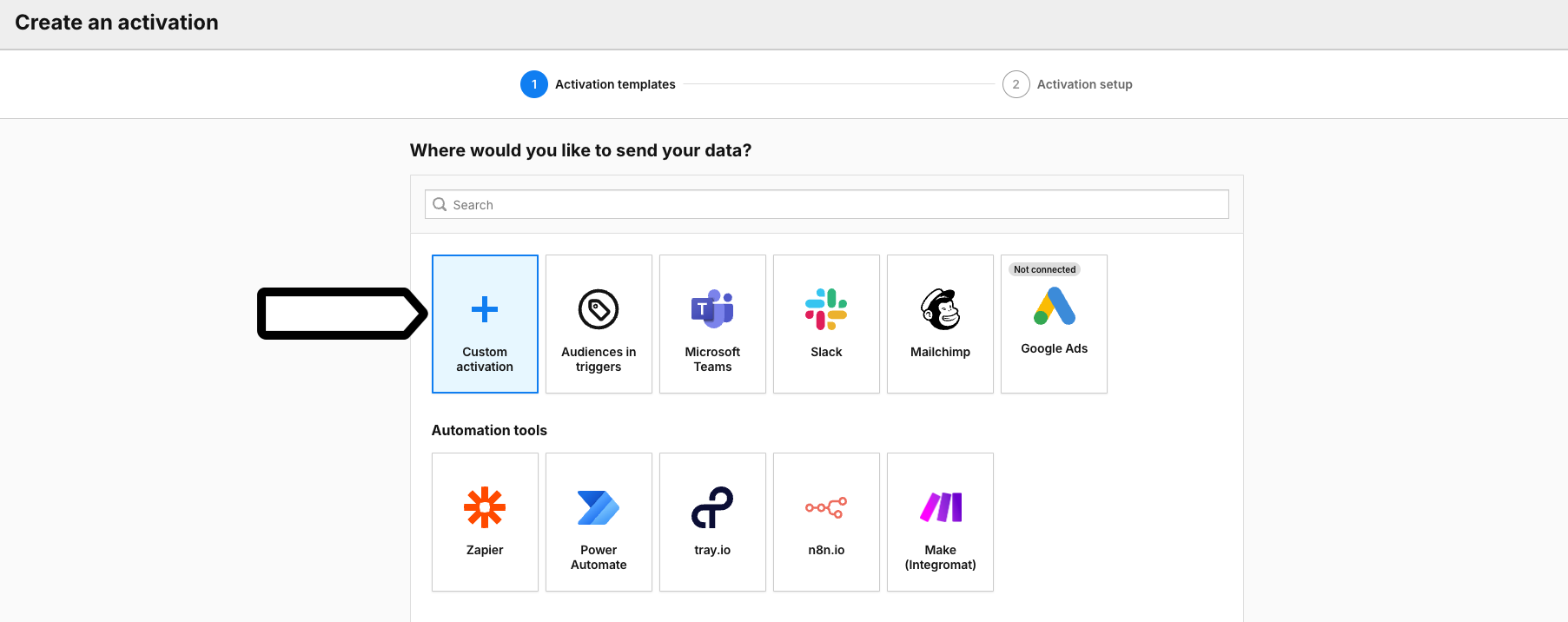 Select activation type in Piwik PRO Data Activation