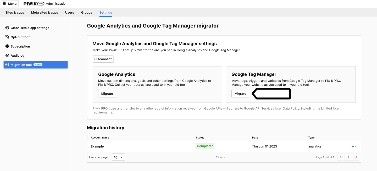 Migration tool GTM migrate