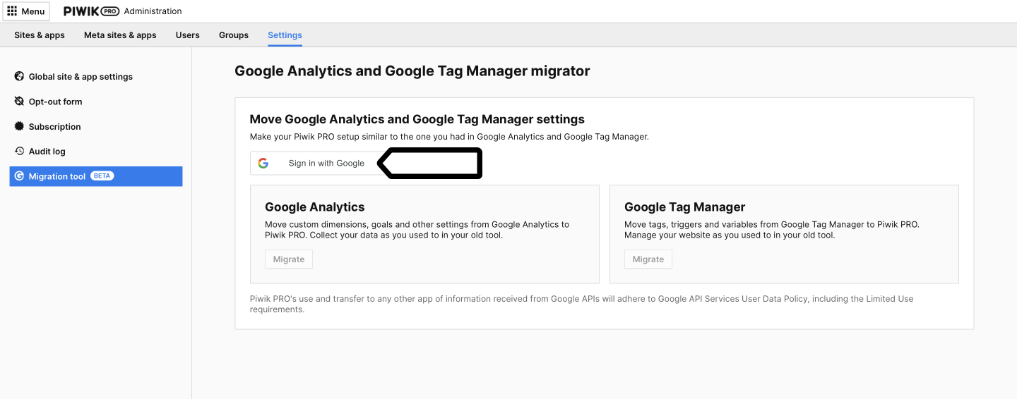 migration tool sign in with google
