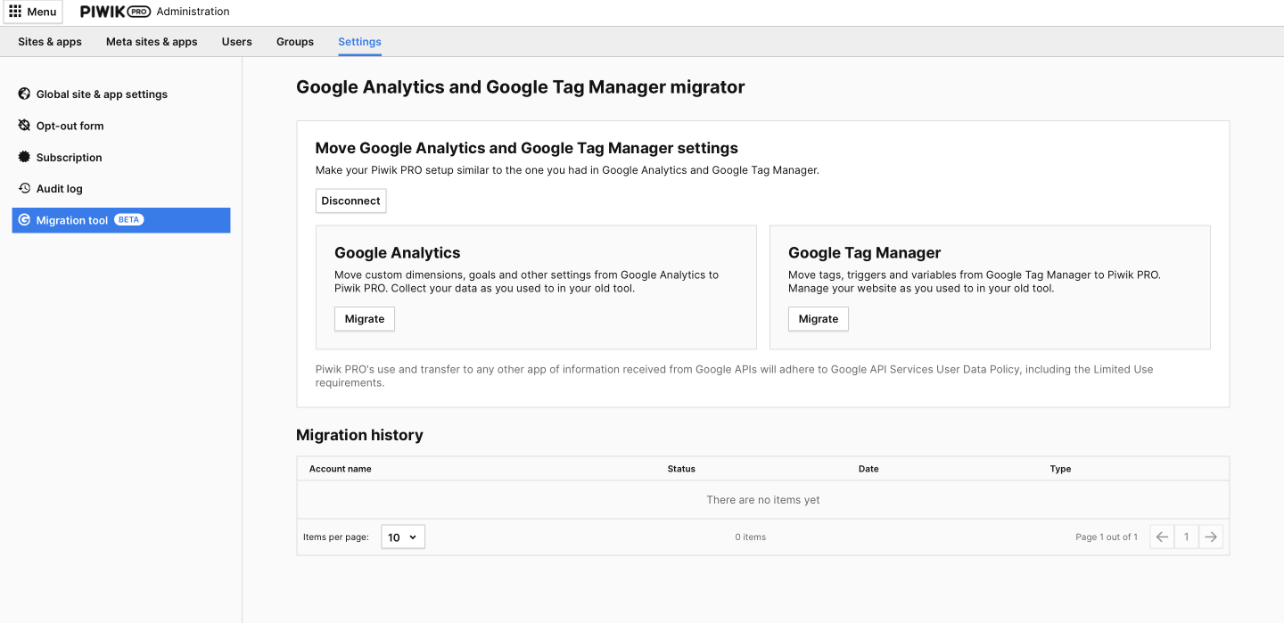 migration tool - connected with google