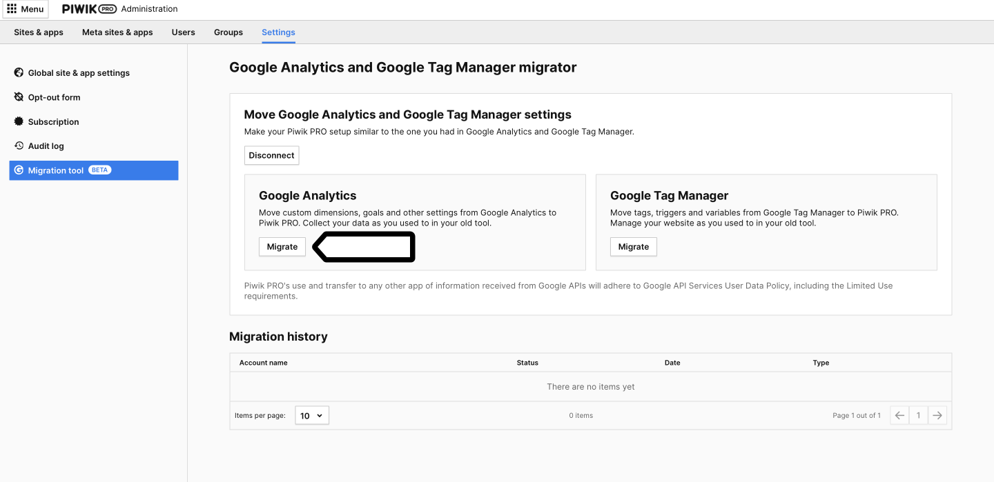 GA migration tool menu connect