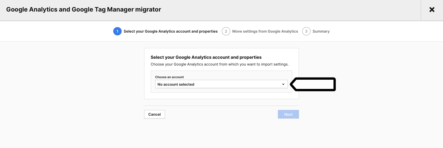 GA migration tool select account