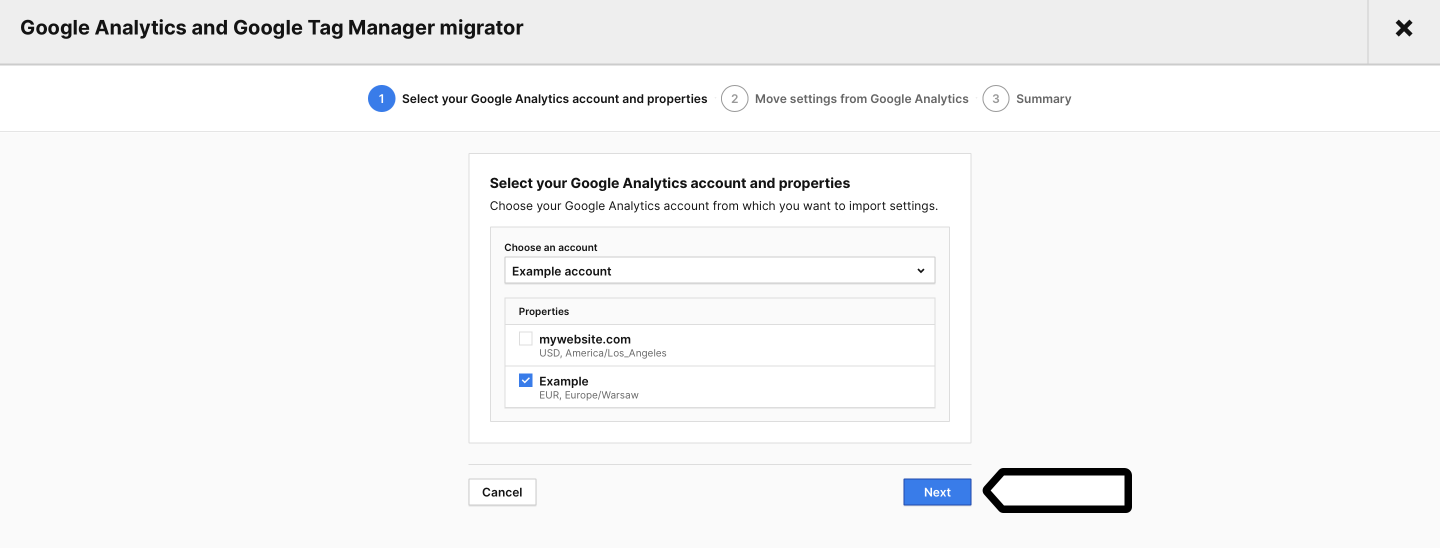 migration tool -select-GA-property