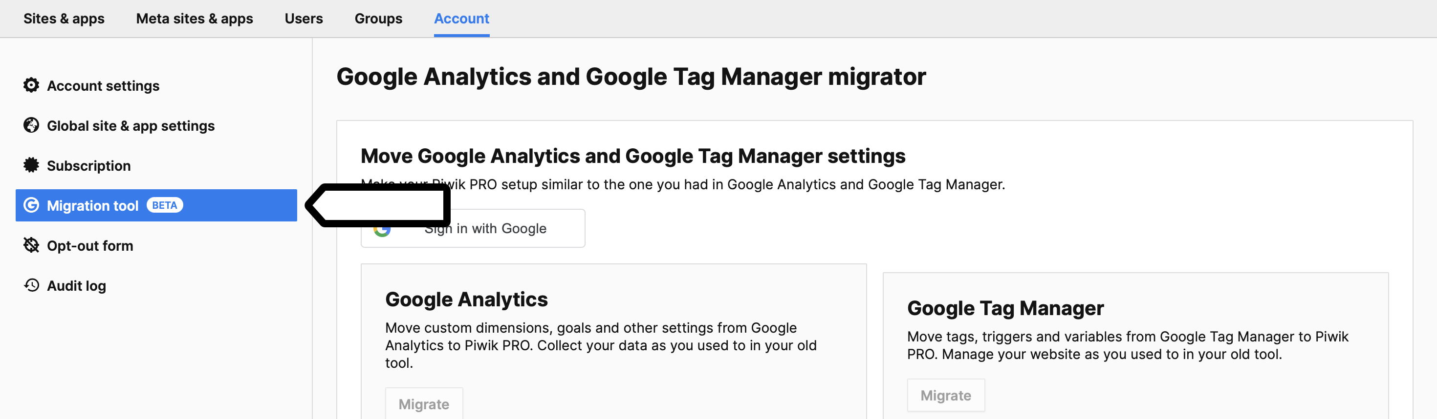 Migration tool in Piwik PRO