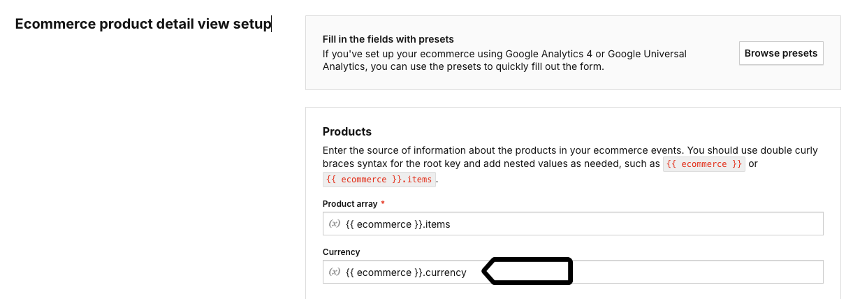 Ecommerce product detail view setup