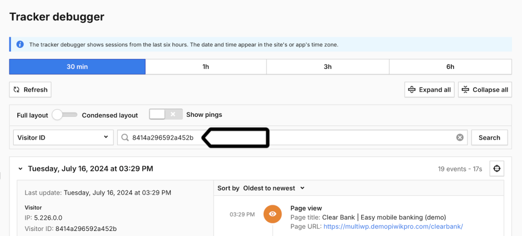 How do I find my session in the tracker debugger? | Piwik PRO help center