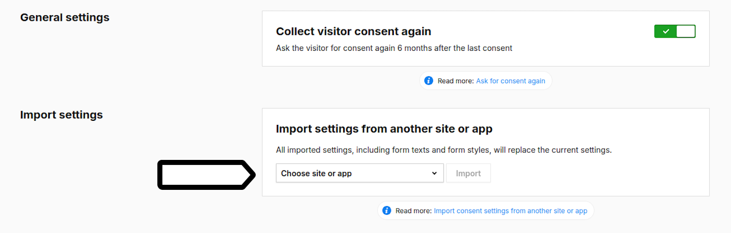 Import settings from another sit or app