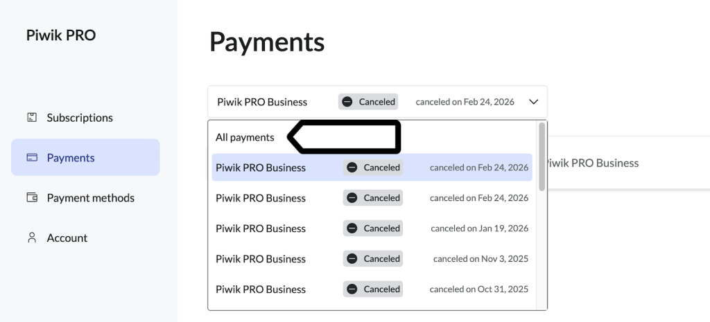 All payments view in Paddle