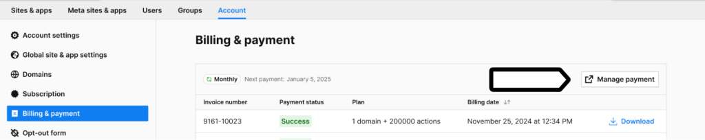 Manage payment button in Billing & payment in Piwik PRO