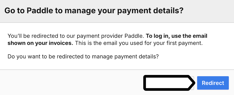 A modal confirming redirect from Piwik PRO to payment provider Paddle
