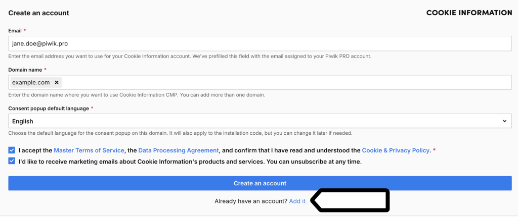 Adding a Cookie Information account to Piwik PRO
