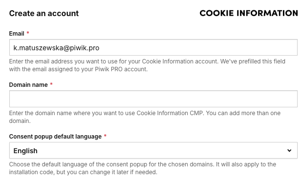 create an account for Cookie Information
