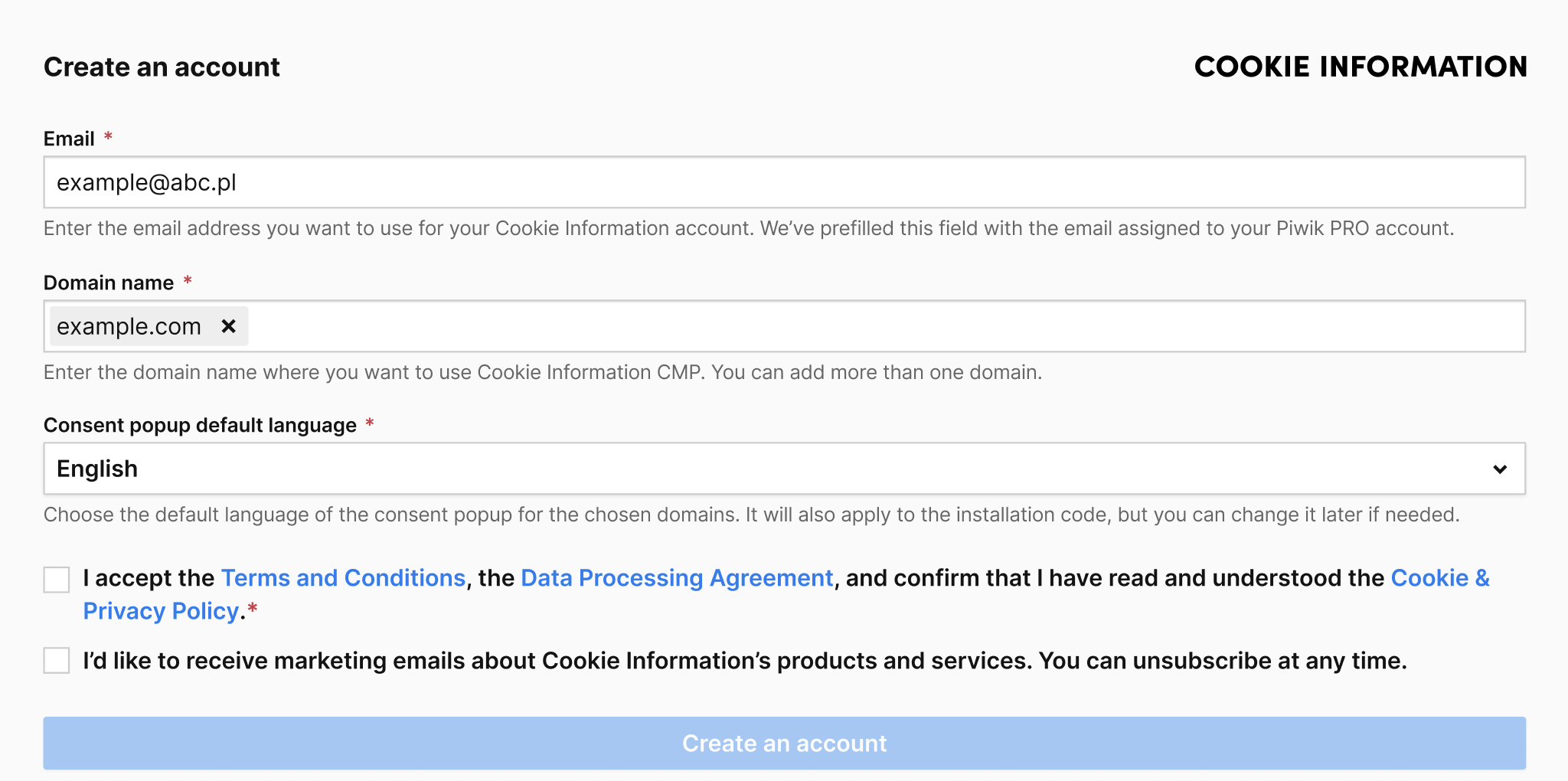 A form to create cookie information account 