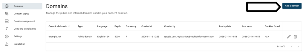 Adding a domain in Cookie Information
