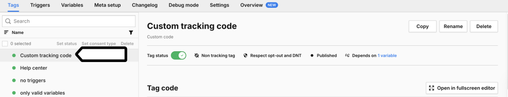 Select a tag in Piwik PRO Tag Manger
