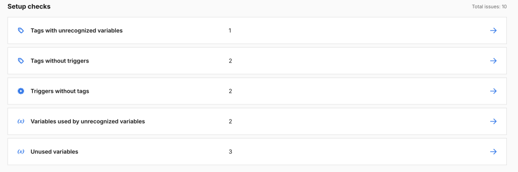 setup checks in Piwik PRO Tag Manager overview